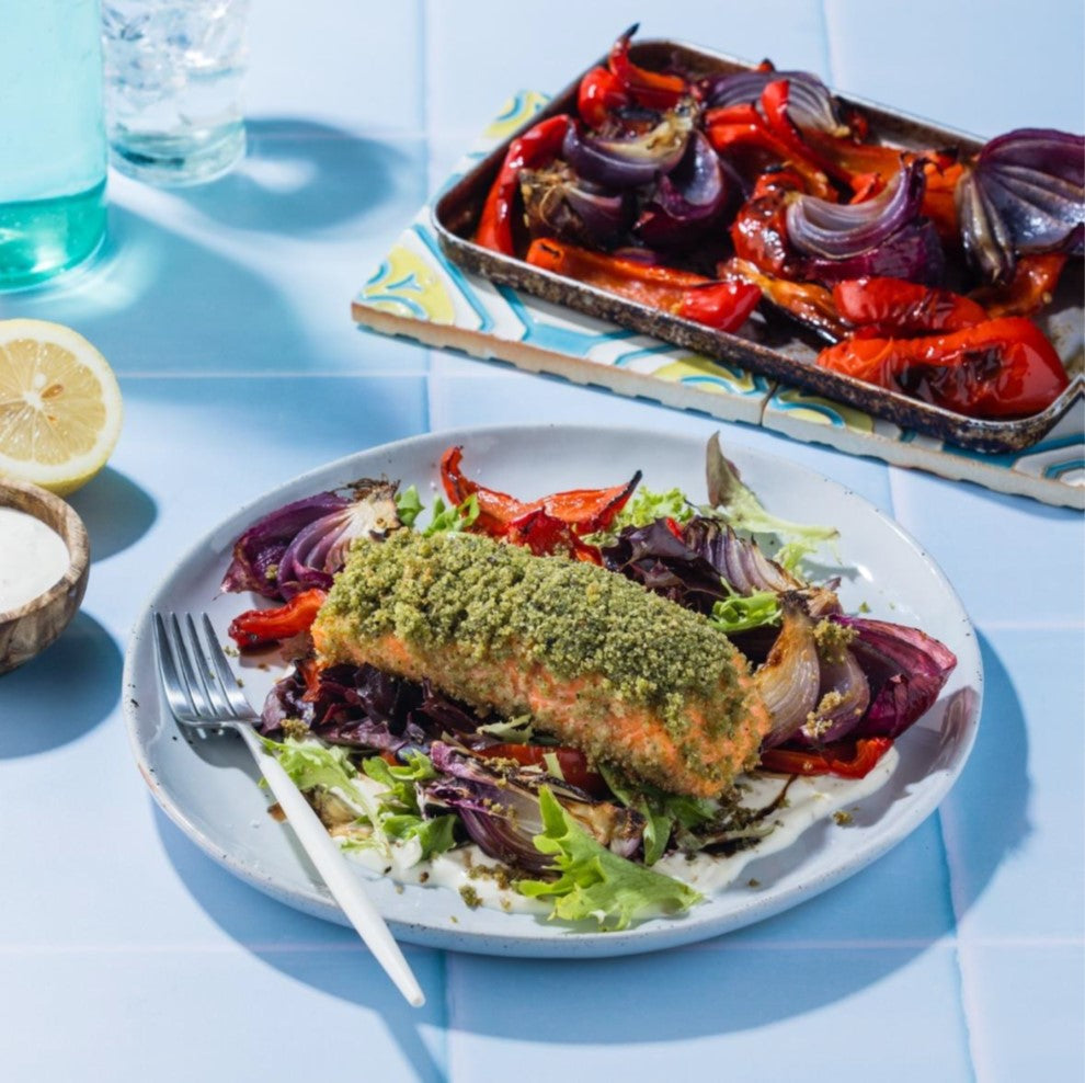 Baked Pesto Crumbed Salmon with Roasted Capsicum & Zesty Yoghurt Recipe