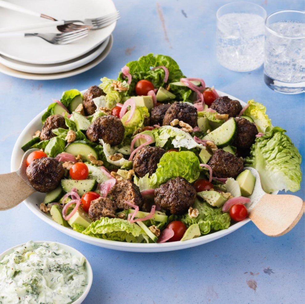 Mediterranean-Spiced Beef Meatball Salad with Cherry Tomatoes & Tzatziki Recipe